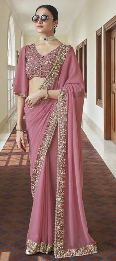 Bollywood, Designer, Party Wear Pink and Majenta color Saree in Georgette fabric with Classic Bugle Beads, Resham, Zari work : 1734223 Night Reception, Georgette Suits, Designer Party Wear Saree, Trending Saree, Saris Indian, Saree Fancy, Indian Wedding Sarees, Function Dresses, Saree Work