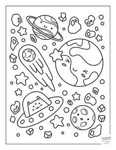 Kawaii alien cats, planets, moon rocks, and more. Cute Doodle Coloring Pages, Coloring Drawing Ideas, Age Reggresion Coloring Pages, Free Kawaii Coloring Pages, Sticker Coloring Pages, Yay Coloring Pages, Space Coloring Pages Free Printable, Free Digital Coloring Pages, Silly Coloring Pages