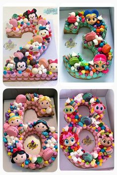 there are three pictures of different cakes in the shape of numbers 3 and 4, each decorated with cartoon characters