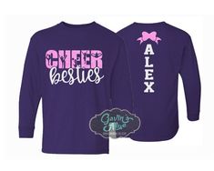 Glitter Cheer Shirt | Cheer Besties Shirt | Cheer Bling | Cheer Spirit Wear | Long Sleeve Shirt | Customize Colors | Youth or Adult PLEASE READ BEFORE ORDERING WE CANNOT RUSH ORDERS OR CREATE NEW DESIGNS DURING PEAK SEASON AUG - MAY. IF YOU NEED TO CANCEL PLEASE DO SO WITHIN 24HRS Please read full description before ordering we cannot be responsible for mistakes made by not reading the full description. ORDERING INSTRUCTIONS: 1. Select your Garment Size/Color Each size must be selected separatel Cheer Besties Shirts, Pink Long Sleeve Tops For Cheerleading, Long Sleeve Graphic Print Cheerleading Top, Long Sleeve Graphic Print Tops For Cheerleading, Cheer Besties, Cheer Spirit Wear, Cheer Clothes, Cheer Spirit, Cheer Shirt