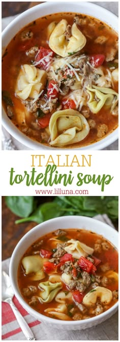 italian tortellini soup in a white bowl with the title above it and an image of