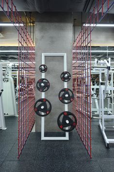 an exercise room with rows of treads in the center and red bars on the wall