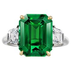 7.02 carat Emerald Cut Green Tsavorite with French Cut Trapezoid Diamonds weighing .86 carats set in a Platinum and 18k Yellow Gold ring. Beryl Ring, Emerald Green Inspiration, Natural Emerald Rings, Country Rings, French Cut, Jewels Rings, Contemporary Ring, Expensive Jewelry, 18k Yellow Gold Ring