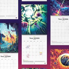 several calendars with images of different things on them, all in purple and blue