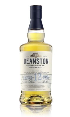 a bottle of deanston single malt whisky on a white background with the label in blue