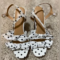 Women’s Strappy Heels By Lauren Conrad. Size 7.5. Never Worn. White With Black Polka Dots. 2 Bows On Top Of Each Shoe. Brand New. Lc Lauren Conrad, Black Polka Dot, Lauren Conrad, Strappy Heels, Shoes Women Heels, White And Black, Polka Dots, Shoes Heels, Dots