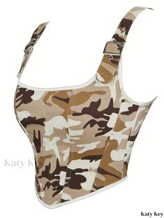 Katykey - Camo Print Corset Top with Sexy Square Neckline, Sleeveless Womens Fashion Fitted Sleeveless Khaki Crop Top, Khaki Fitted Sleeveless Crop Top, Fitted Sleeveless Camouflage Top, Fitted Camouflage Sleeveless Top, Sleeveless Camouflage Cotton Top, Vintage Fits, Camo Print, Square Necklines, Corset Top