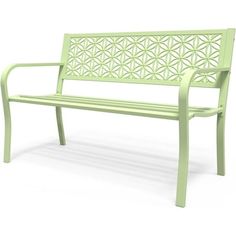 a green park bench with an intricate design on it's back and arms, against a white background