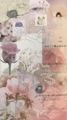 a collage of images with flowers and animals on them, all in pastel colors