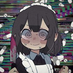 an anime character with black hair and glasses holding a paper in front of her face