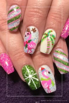 Get ready to feel the tropical vibes this holiday season with these 20+ stunning Tropical Christmas nail designs! From palm trees to flamingos, we've got creative art designs for every style. Choose from a variety of simple yet elegant acrylic or gel ideas to complete your festive look. Don't miss out on these amazing Tropical Christmas nail designs that will have you feeling like you're on vacation 🌴🎄💅 Tropical Christmas Nails, Vacation Nail Art, Gel Ideas, Christmas Nails Design, Flamingo Nails, Cruise Nails, Festive Nail Designs, Christmas Tree Nails, Nails Design Ideas