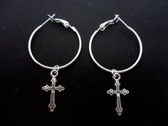 "This is a pair of pretty silver plated 30mm (just over 1\") hoop and cross earrings. Thanks for looking!!" Nickel-free Cross Hoop Earrings As Gift, Silver Metal Cross Pendant Earrings, Costume Jewelry Earrings, Cross Earrings, Jewellery And Watches, Jewelry Earrings Dangle, Silver Plate, Silver Plated, Dangle Drop Earrings