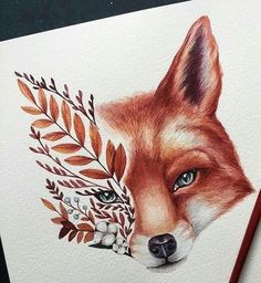 a drawing of a fox with leaves and berries on it's head is shown