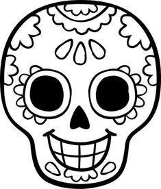 a black and white drawing of a skull with flowers on it's head, smiling