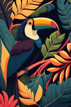 a toucan bird surrounded by tropical leaves