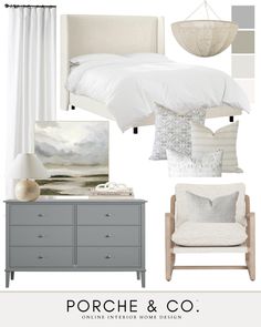 a bedroom with gray furniture and white bedding