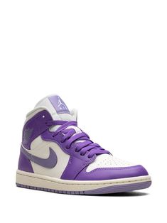 Jordan Air Jordan 1 Mid "Action Grape" Sneakers - Farfetch Nike Jordan Lavender, Air Jordan 1 Mid Violet, Metallic Purple Jordans, Jordan Metallic Purple, Purple Mid-top Jordan Shoes For Streetwear, Wings Logo, Round Logo, Air Jordan 1 Mid, Jordan 1 Mid