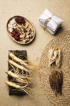 an assortment of edible items laid out on the ground