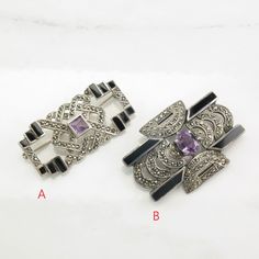 "More Unique Sterling Silver Brooches: https://www.etsy.com/shop/SilverStarrs925?section_id=15203699 Beautiful Art Deco Style Silver Brooch This brooch is A: 1 7/8\" long, B: 1 15/16\"  long It is A: 15/16\" wide, B: 1 3/8\" wide The brooch weighs 13 - 19.2 Grams Stone or design featured on this brooch is Amethyst, Marcasite, Onyx   Markings, if any are: A: 925, B: partial 925 and other marking , (Tested & Guaranteed to be Sterling Silver) Condition of this brooch is Great, very minimal wear, mo Sterling Silver Brooch, Silver Brooch, Art Deco Style, Deco Style, Art Deco Fashion, Brooch Pin, Beautiful Art, Onyx, Patina