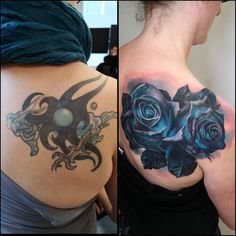 two different pictures of the same woman's back and shoulder with tattoos on them