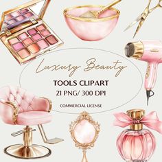 an image of beauty tools clipart with pink and gold items in the background for commercial use