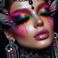 a woman with colorful makeup and jewels on her face