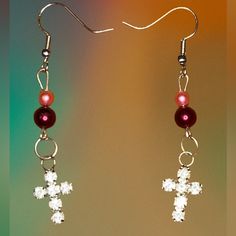 Shiny Cross Dangle Earrings With Pink / Crimson Color Beads Cherry Drop Earrings, Geometric Stone, Baublebar Earrings, Juicy Couture Charms, Vintage Style Earrings, Link Earrings, Pearl Cluster, Sterling Silver Filigree, Diamond Hoop Earrings