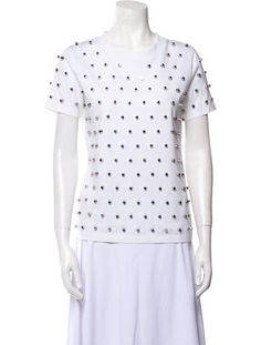 Mugler T-ShirtBlack & WhitePrintedStudded AccentsShort Sleeve with Crew NeckButton Closure at FrontFit:Tops by Mugler typically fit true to size. Fitted Short Sleeve T-shirt With Buttons, White Crew Neck T-shirt With Buttons, White Buttoned T-shirt, White Short Sleeve T-shirt With Buttons, Celine Sunglasses, Vintage Holiday Dress, Chanel Shoes, Sweater Pants, Flat Sneakers