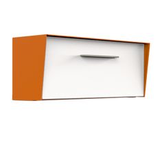 an orange and white box with a silver object in it's center on a white background