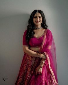 Simple Hairstyle For Function, Half Saree Engagement Look, Half Saree Blouse Designs, Lehenga For Reception, Simple Lehenga Designs, Function Outfit, Violet Blouse, Reception Couple, Long Skirt Top Designs