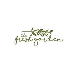 the fresh garden logo is shown in green and black on a white background with leaves