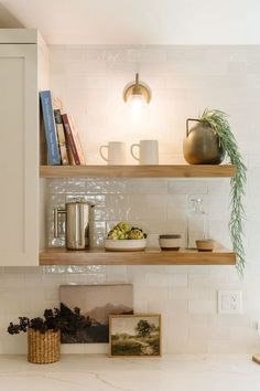 One Open Shelf In Kitchen, Kitchen With Shelving And Cabinets, Kitchen Sink Floating Shelves, Kitchen Wood Open Shelves, Floating Wooden Shelves Kitchen, 3 Floating Shelves Kitchen, Tile Backsplash Floating Shelves, Floating Shelves For Cookbooks, White Oak Open Shelving Kitchen