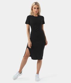 Everyday Ruched Split Hem Midi Cotton Chill Dress-Wonder Chill Dress, Slip Dress Beach, Silver Mist, Dress Halter, Dress Beach, Summer Dress Outfits, Summer Outfits Men, All Black Outfit, Black Maxi