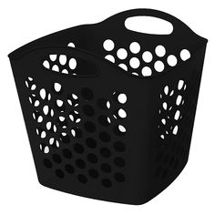 a black plastic basket with holes on it