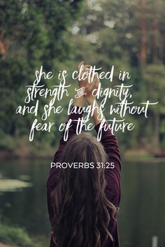 a woman holding her hands up in the air with a bible verse above her head