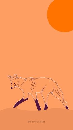 a drawing of a fox walking across a field with the sun in the sky behind it