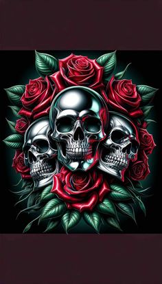 two skulls and roses on a black background