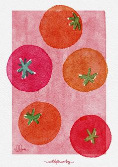 watercolor painting of four tomatoes on pink paper with green stems and two oranges