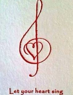 a drawing of a treble with a heart in the middle and a red thread