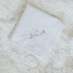 heirloom wedding handkerchief made with bride's mother's wedding dress lace by The Garter Girl Elegant Initials Handkerchiefs For Wedding Gift, Elegant Personalized Handkerchief For Bridesmaid Gift, Elegant Handkerchiefs With Initials For Wedding Gift, Elegant Customizable Handkerchiefs For Bridesmaid Gift, Classic White Wedding Handkerchiefs, Elegant White Handkerchiefs With Initials, Elegant White Handkerchiefs Gift, Elegant White Handkerchiefs As Gift, Personalized Elegant Handkerchiefs For Bridal Shower