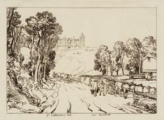 an old drawing of horses and carriages on a country road with trees in the foreground