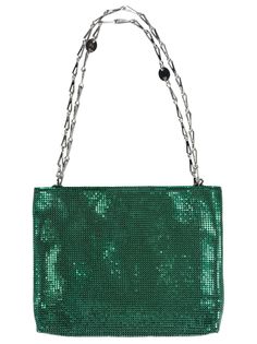 Pixel Shoulder Bag from Paco Rabanne | Paco Rabanne Women's Pixel Shoulder Bag in Emerald | FW23/24 Luxury Green Rectangular Bucket Bag, Luxury Green Bags With Removable Pouch, Evening Satchel Bag With Dust Bag Included, Evening Satchel With Dust Bag Included, Luxury Green Pouch Shoulder Bag, Elegant Green Rectangular Bucket Bag, Top Handle Bags With Chain Strap For Shopping, Silver-tone Hardware Pouch Bag For Shopping, Top Handle Flap Bag With Chain Strap For Shopping