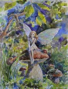 a painting of a fairy sitting on top of a mushroom