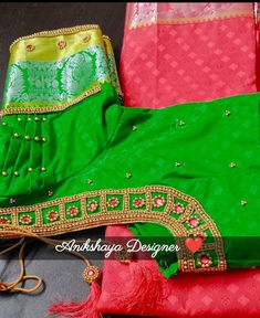 Bridal aari work with combination of green and pink Green Embroidered Top With Traditional Drape, Traditional Drape Green Embroidered Top, Green Cutdana Wedding Blouse, Green Pallu Blouse For Wedding, Green Self Design Blouse Piece For Wedding, Green Wedding Blouse With Pallu, Designer Green Self-design Blouse Piece, Green Blouse With Resham Embroidery In Traditional Drape, Designer Green Blouse With Cutdana Details