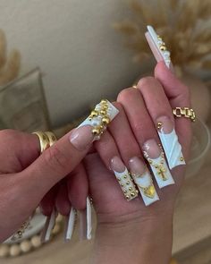 @AngieDiors Red Gold And White Nails, Chain Nails Designs, Bb Belt Nails, Old School Nail Designs 90s, White On White French Tip Nails, White And Gold Acrylics, Simple Long Nail Designs, 25 Birthday Nails, Oldies Nails