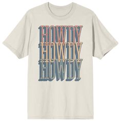 Let out your inner cowboy or cowgirl with this Western Howdy tee. The shirt features red, yellow, and blue letters that repeat the word, “Howdy.” The tee comes in a tofu short sleeve crew neck. Western fans will love this comfy cotton tee. T Shirt Fonts, How To Show Love, Cotton Material, Western Fashion, Cotton Tee, Top Shirt, Cotton Tshirt, Shirt Designs, Short Sleeves