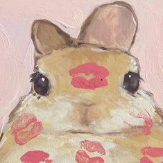 a painting of a bunny with lipstick kisses on it's face and lips all over its body