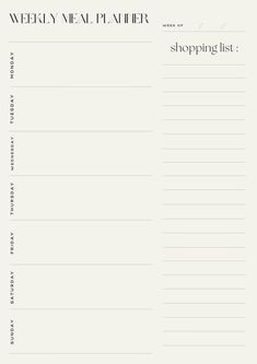 a printable meal planner with the words, weekly meal planner and shopping list on it