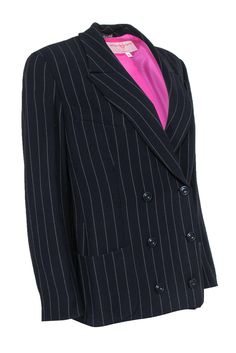 Go for a professional look with some added edge with this pinstriped jacket from Emanuel Ungaro! Made with a relaxed silhouette, this is the perfect piece to wear with sheath dresses and your favorite heeled booties for a killer office look! Size 12 (IT 46) Made in Italy 57% Wool, 40% Viscose, 3% Polyester Double breasted silhouette Front button closures Peak lapel Exterior pockets Padding in shoulders Waist 37" Sleeve 22" Shoulder to hem 26" Striped Long Sleeve Office Suits, Formal Striped Suit For Fall, Formal Striped Fall Suit, Semi-formal Striped Outerwear For Fall, Fall Striped Formal Suit, Striped Outerwear For Semi-formal Fall Occasions, Fall Semi-formal Striped Outerwear, Striped Business Suits For Fall, Striped Suits For Business In Fall