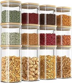 several containers filled with different types of cereals and nuts, all stacked up together